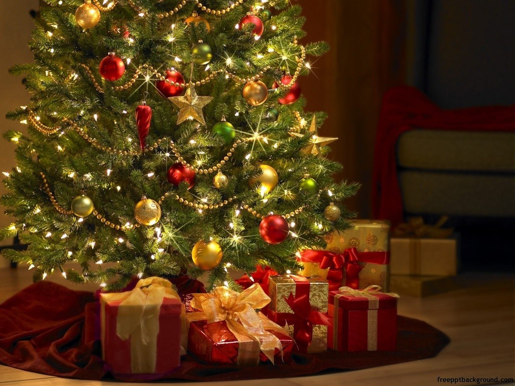 chrismas tree with gifts ppt backgrounds